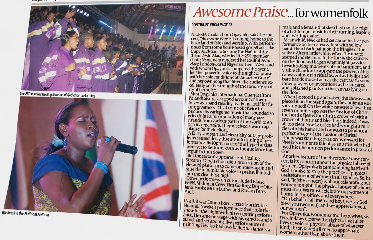 Nigerian newspaper Entertainment feature — Awesome Praise in honour of womenfolk, Freedom Park Lagos 2011