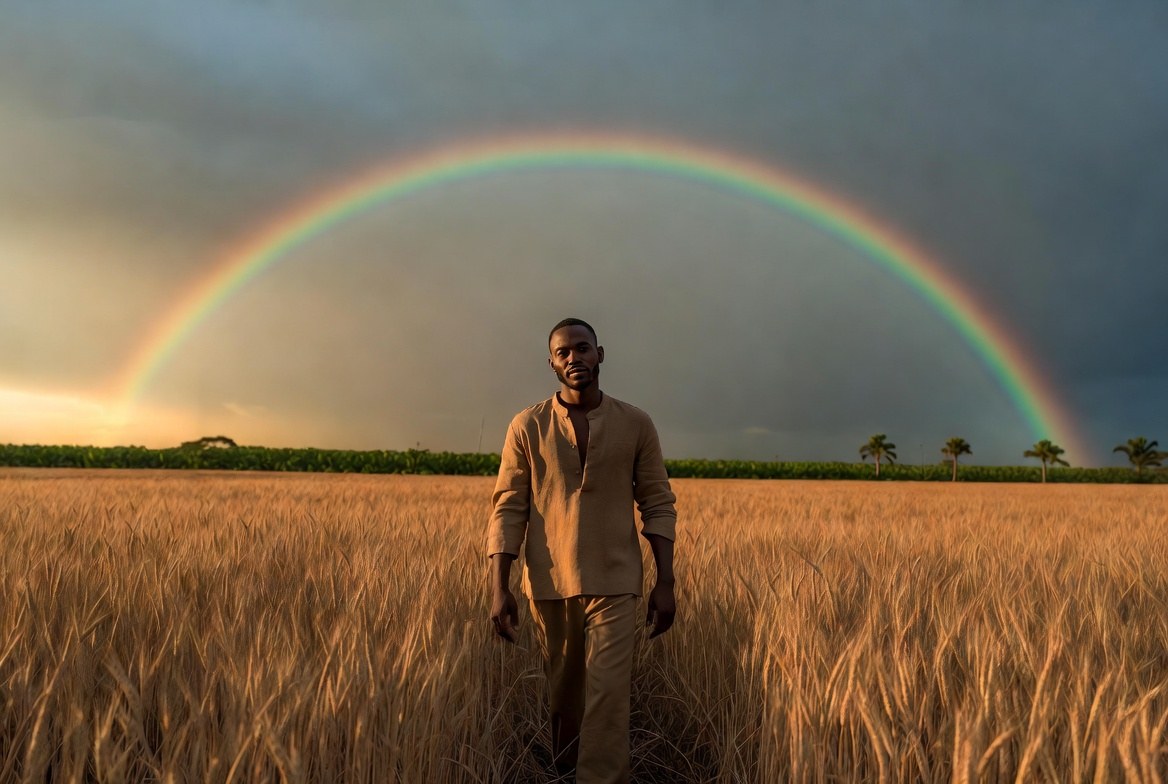 Makaya Plantation imprint artwork — a figure walking through golden field where sun and rainbow meet
